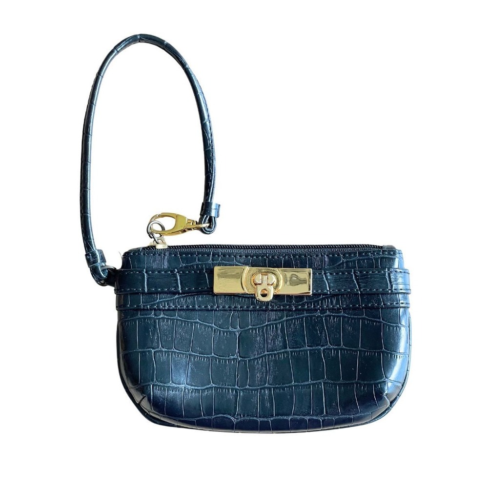 NY&Co VTG Y2K Black Croc Embossed Wristlet Purse Gold Hardware, New York & Co